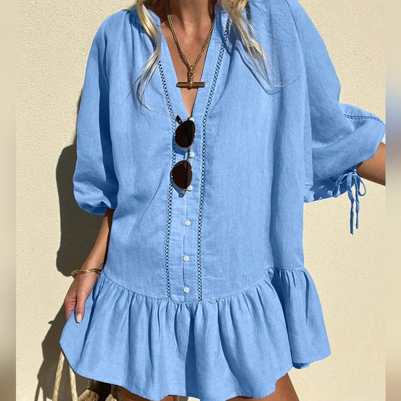 Dresses & Skirts - Summer Women's Cotton Linen Ruffled Hem Dress